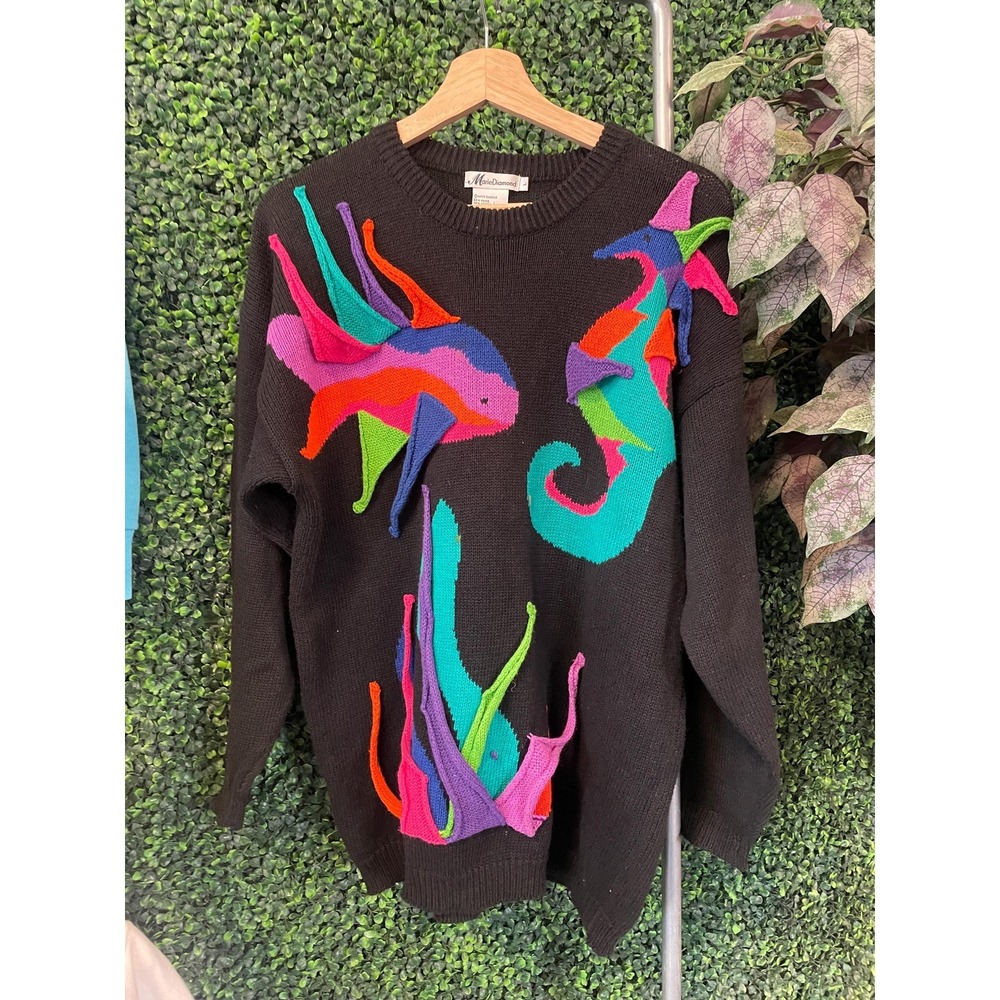 vtg 80s FISH KNIT PUFFY Sweater medium // chunky ocean artsy 3d graphic colorful